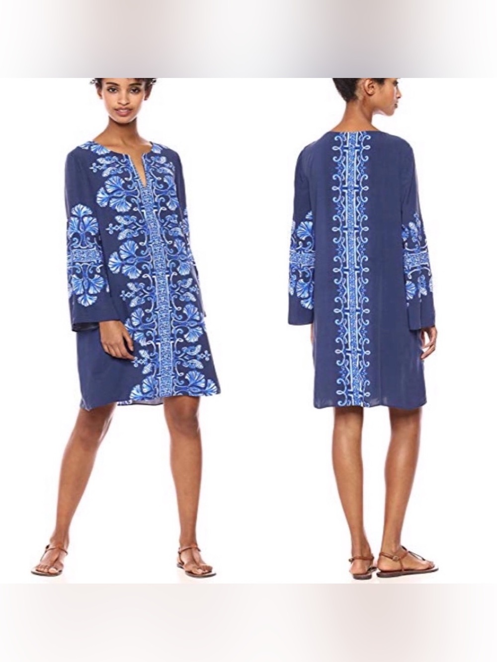 Lilly Pulitzer Blue Harlow Mini Tunic Dress Floral V Neck Long Sleeve XS